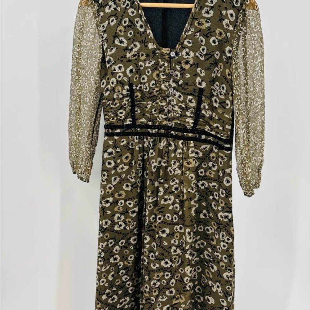 Burberry Brit Silk Floral Midi Dress Olive Green Lace Trim V-Neck Long Sleeve 2